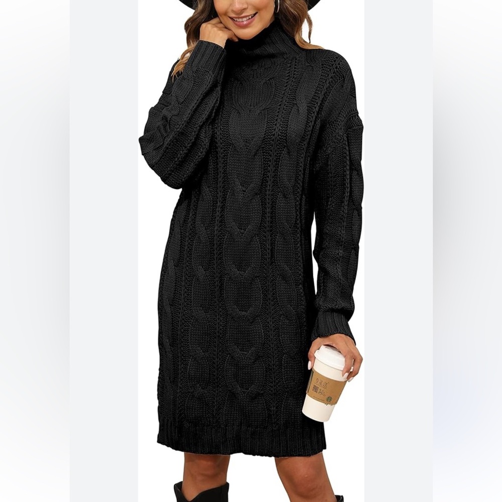 Anthropology Cozy Black Cable Knit Sweater Dress size L - Picture 2 of 10